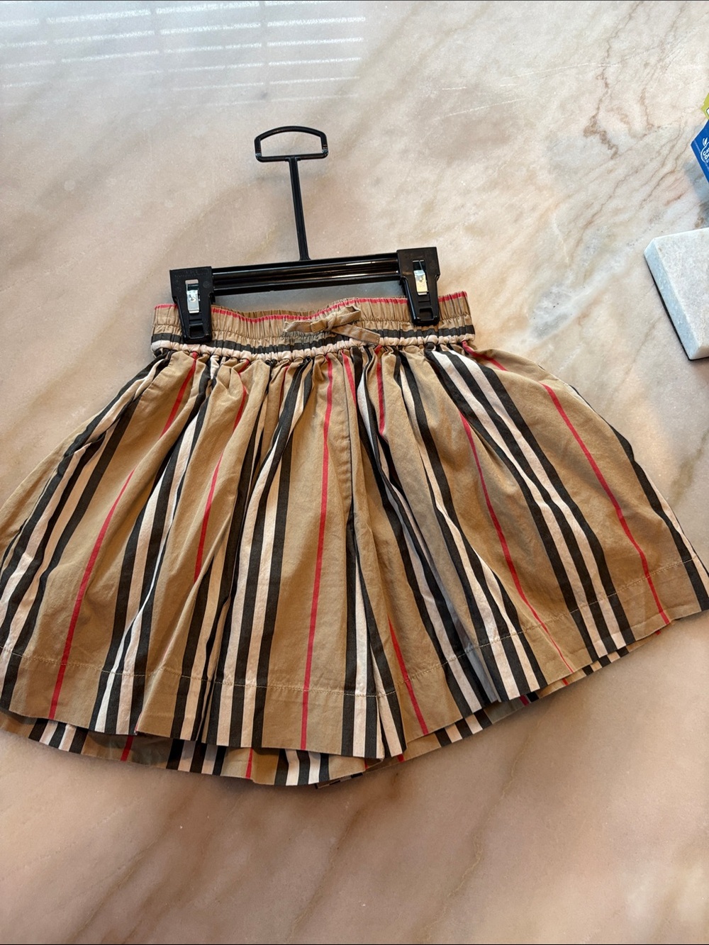 Burberry Tan Striped Gathered Skirt with Black, White & Red Accents